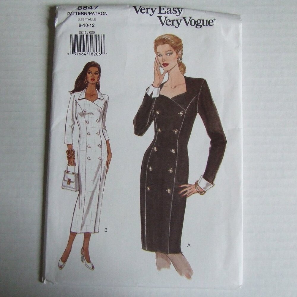 Vogue 8847 dress sewing pattern vintage 1990s fitted midi dress very easy medium
